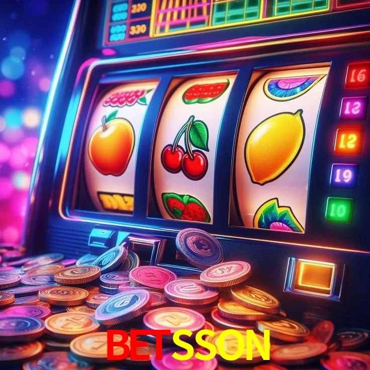 Escena dinámica inspirada en casino con iluminación BETSSON, cartas, fichas e íconos de juegos digitales en un espacio moderno de juegos.