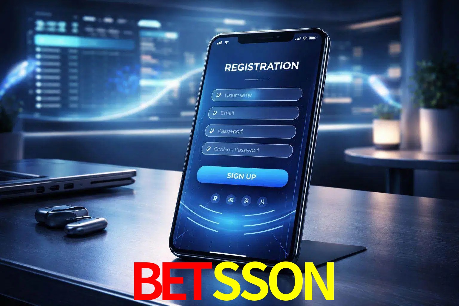 Una interfaz moderna de registro móvil para BETSSON mostrada en un smartphone con un panel de apuestas elegante.